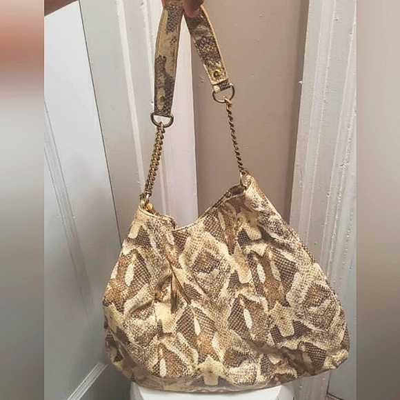 Tan Leather Gold Shimmer Python Print Shoulder Bag 🌴 - Picture 1 of 7